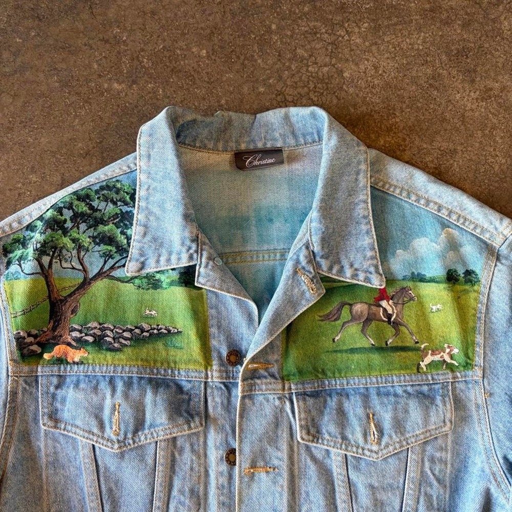 Christine Vintage 90s Equestrian Denim Jacket Blue Hand Painted Horse Scene L - Picture 4 of 6
